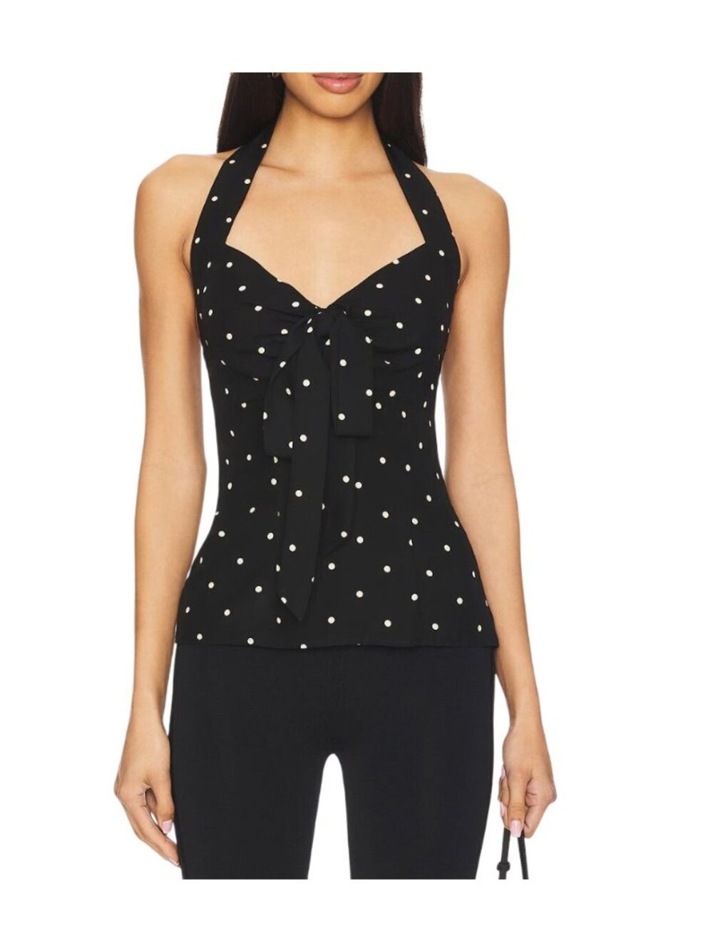 LPA Romi Halter Top Revolve Black Polka Dot Knot Front Backless Peplum NWT - M